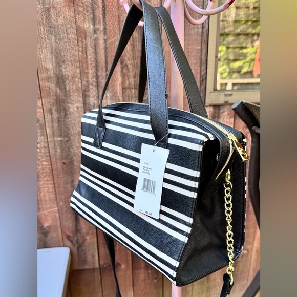 Betsey Johnson Be Mine Stripe Black White Satchel - Picture 10 of 12